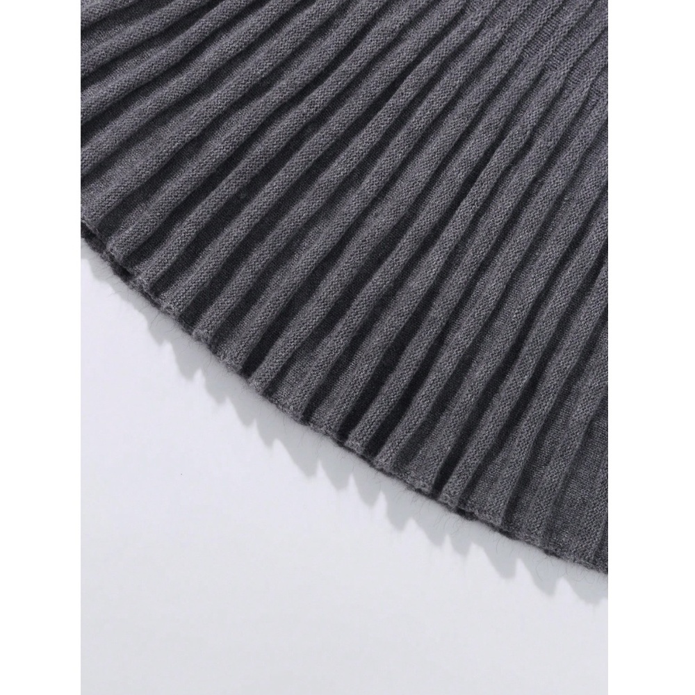 Grey Knit 2 Piece Set Turtleneck Sweater And Pleated Mini Skirt - Picture 8 of 11